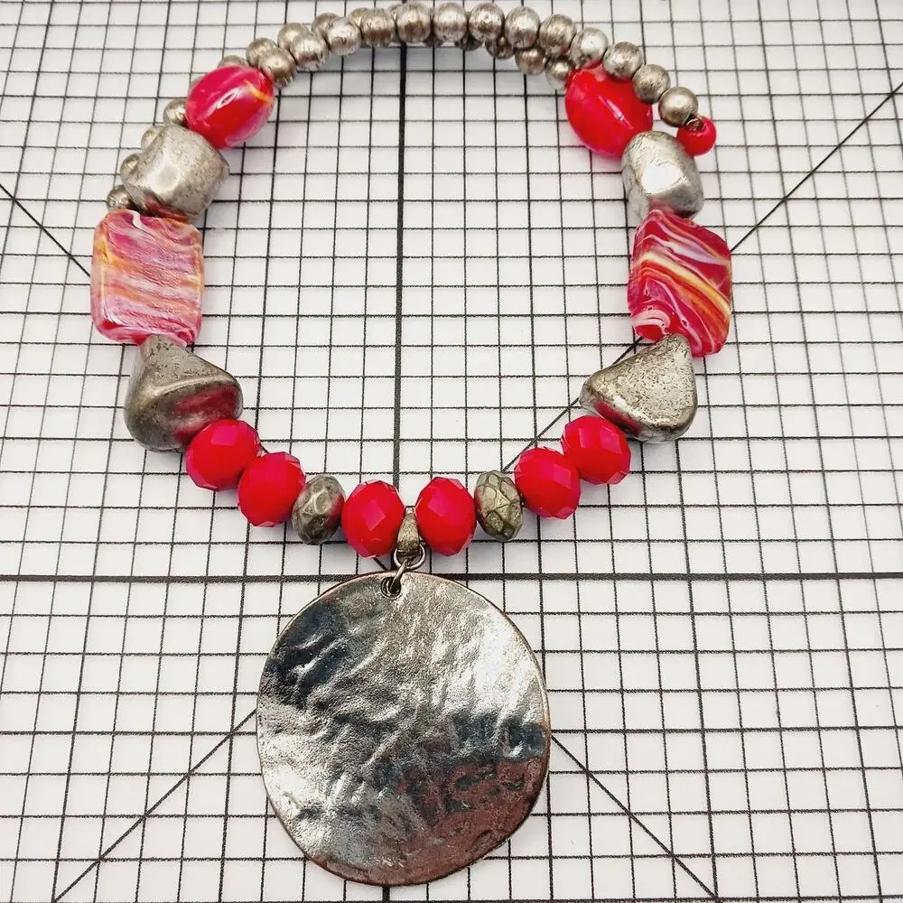 Necklace Statement Red Silver Tone Hammered Disc Pendant Boho Artisan Southwest